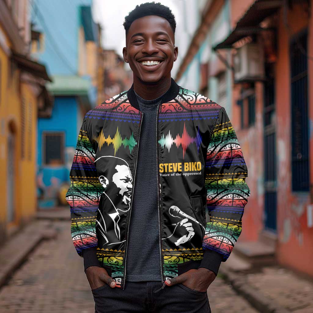 Steve Biko Bomber Jacket with Microphone Portrait, Black Consciousness Quote and Vibrant Ethnic Wave - African Pride