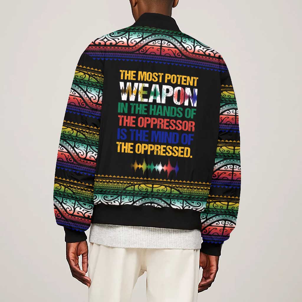 Steve Biko Bomber Jacket with Microphone Portrait, Black Consciousness Quote and Vibrant Ethnic Wave - African Pride