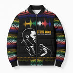 Steve Biko Bomber Puffer Jacket with Microphone Portrait, Black Consciousness Quote and Vibrant Ethnic Wave - African Pride