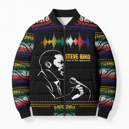 Steve Biko Bomber Puffer Jacket with Microphone Portrait, Black Consciousness Quote and Vibrant Ethnic Wave - African Pride