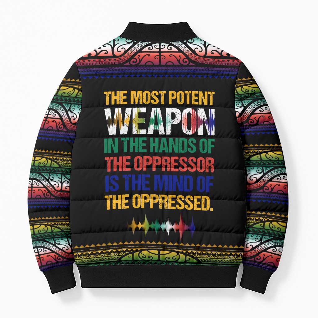 Steve Biko Bomber Puffer Jacket with Microphone Portrait, Black Consciousness Quote and Vibrant Ethnic Wave - African Pride