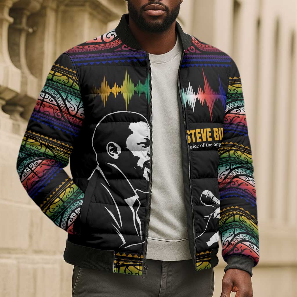 Steve Biko Bomber Puffer Jacket with Microphone Portrait, Black Consciousness Quote and Vibrant Ethnic Wave - African Pride
