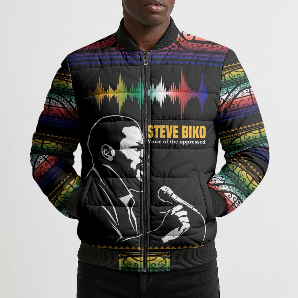 Steve Biko Bomber Puffer Jacket with Microphone Portrait, Black Consciousness Quote and Vibrant Ethnic Wave - African Pride