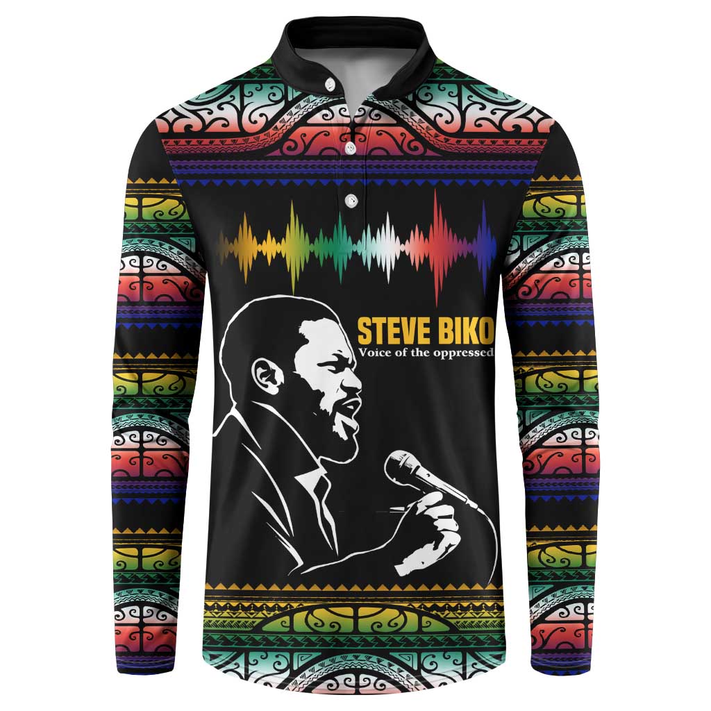 Steve Biko Button Sweatshirt with Microphone Portrait, Black Consciousness Quote and Vibrant Ethnic Wave