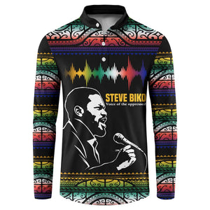 Steve Biko Button Sweatshirt with Microphone Portrait, Black Consciousness Quote and Vibrant Ethnic Wave