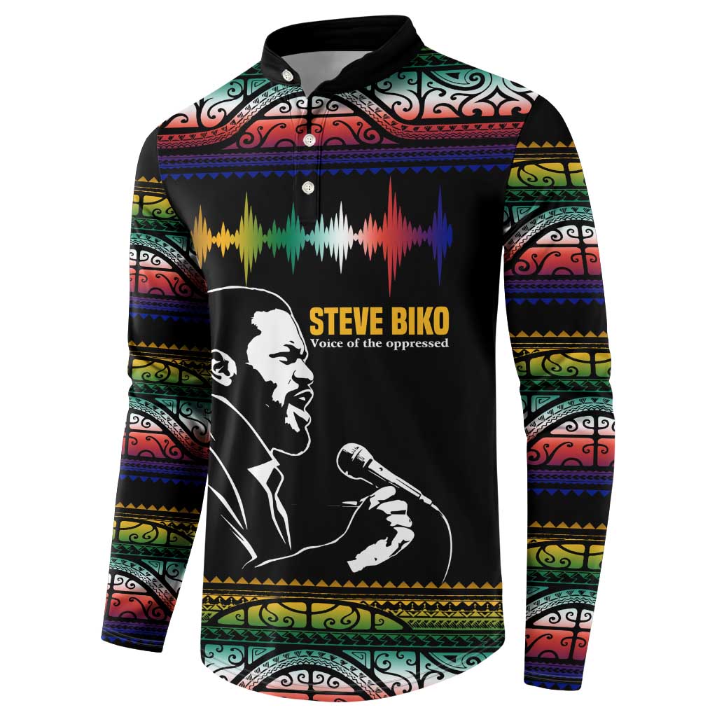 Steve Biko Button Sweatshirt with Microphone Portrait, Black Consciousness Quote and Vibrant Ethnic Wave