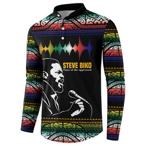 Steve Biko Button Sweatshirt with Microphone Portrait, Black Consciousness Quote and Vibrant Ethnic Wave