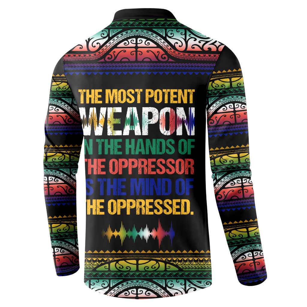 Steve Biko Button Sweatshirt with Microphone Portrait, Black Consciousness Quote and Vibrant Ethnic Wave