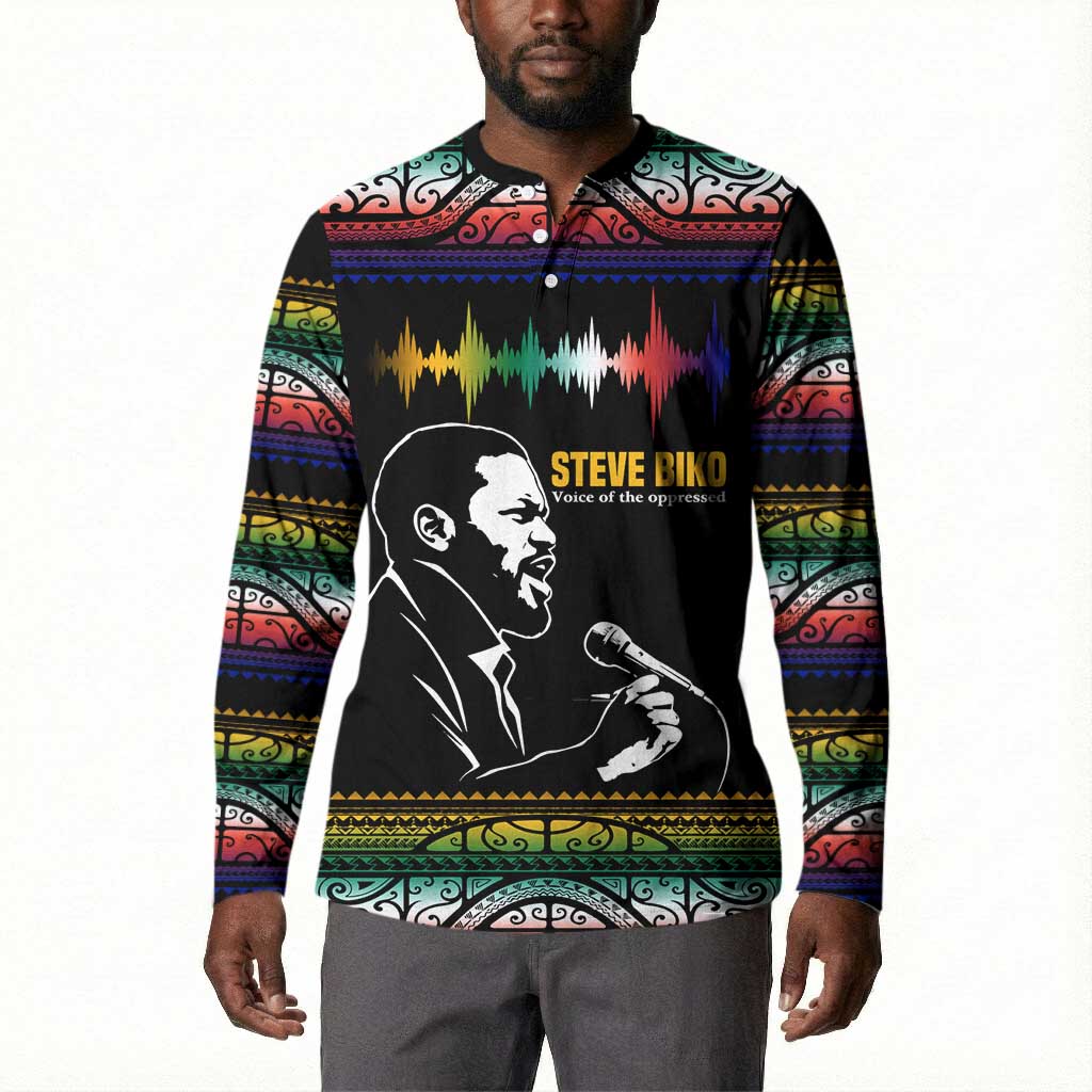 Steve Biko Button Sweatshirt with Microphone Portrait, Black Consciousness Quote and Vibrant Ethnic Wave