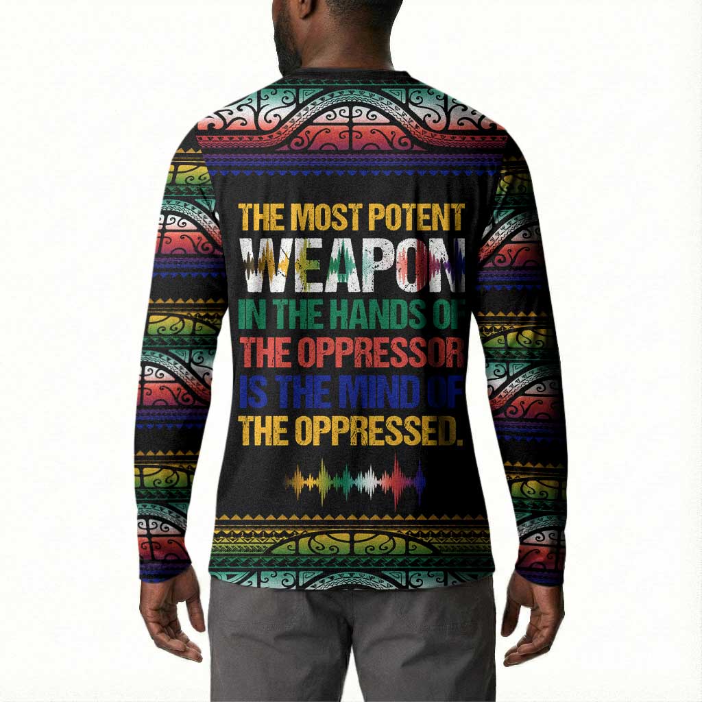 Steve Biko Button Sweatshirt with Microphone Portrait, Black Consciousness Quote and Vibrant Ethnic Wave