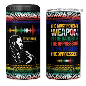Steve Biko 4 in 1 Can Cooler Tumbler with Microphone Portrait, Black Consciousness Quote and Vibrant Ethnic Wave - African Pride