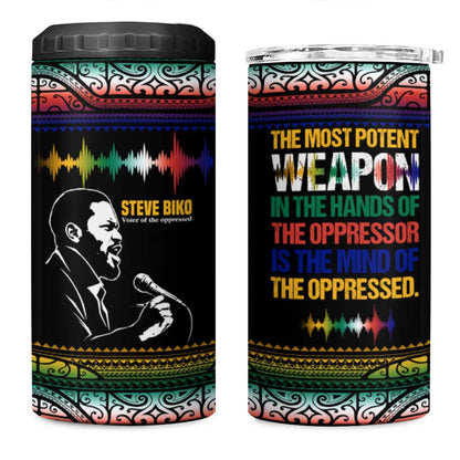 Steve Biko 4 in 1 Can Cooler Tumbler with Microphone Portrait, Black Consciousness Quote and Vibrant Ethnic Wave - African Pride