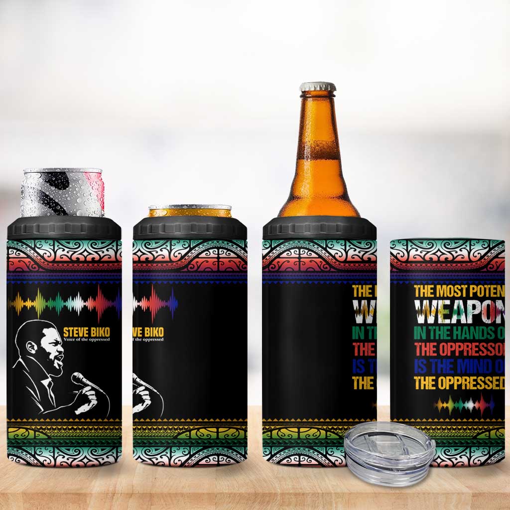 Steve Biko 4 in 1 Can Cooler Tumbler with Microphone Portrait, Black Consciousness Quote and Vibrant Ethnic Wave - African Pride