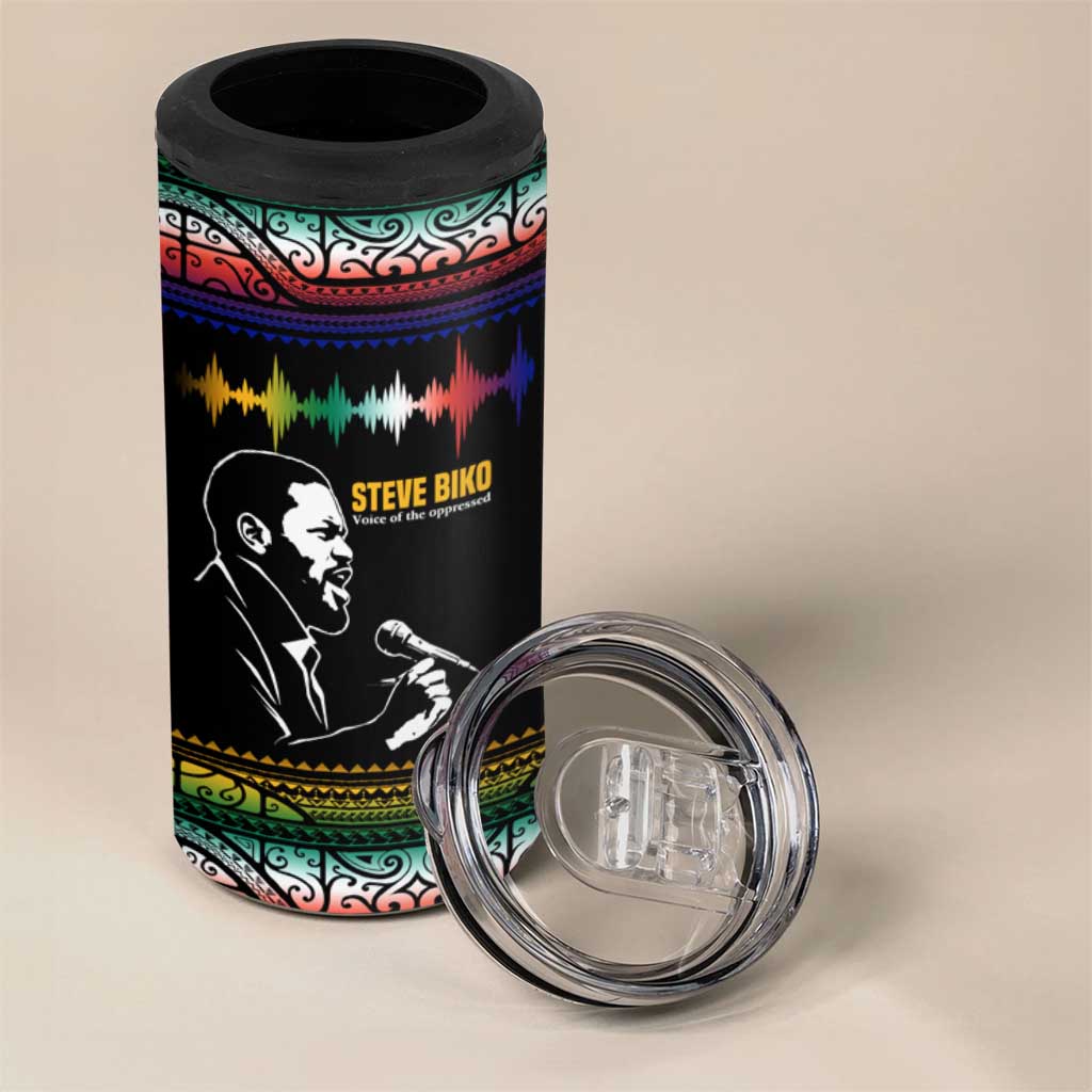 Steve Biko 4 in 1 Can Cooler Tumbler with Microphone Portrait, Black Consciousness Quote and Vibrant Ethnic Wave - African Pride
