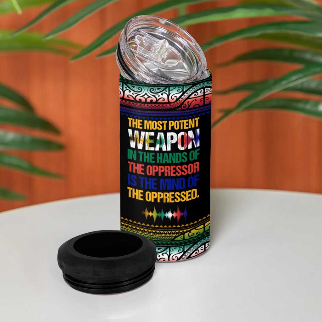Steve Biko 4 in 1 Can Cooler Tumbler with Microphone Portrait, Black Consciousness Quote and Vibrant Ethnic Wave - African Pride