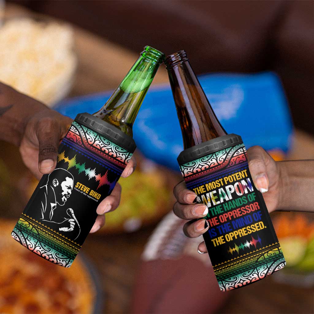 Steve Biko 4 in 1 Can Cooler Tumbler with Microphone Portrait, Black Consciousness Quote and Vibrant Ethnic Wave - African Pride