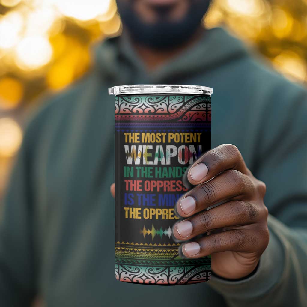 Steve Biko 4 in 1 Can Cooler Tumbler with Microphone Portrait, Black Consciousness Quote and Vibrant Ethnic Wave - African Pride