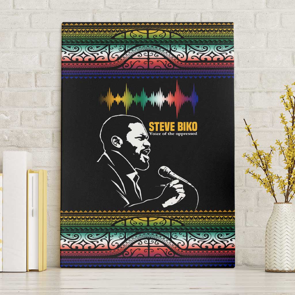 Steve Biko Canvas Wall Art with Microphone Portrait, Black Consciousness Quote and Vibrant Ethnic Wave - African Pride