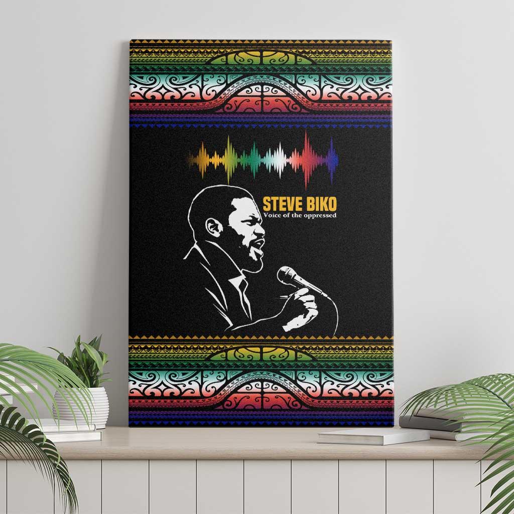 Steve Biko Canvas Wall Art with Microphone Portrait, Black Consciousness Quote and Vibrant Ethnic Wave - African Pride