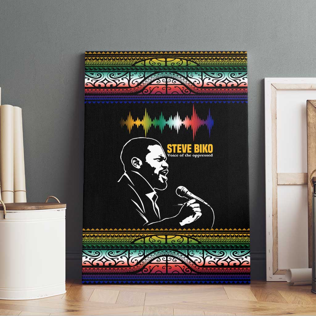 Steve Biko Canvas Wall Art with Microphone Portrait, Black Consciousness Quote and Vibrant Ethnic Wave - African Pride