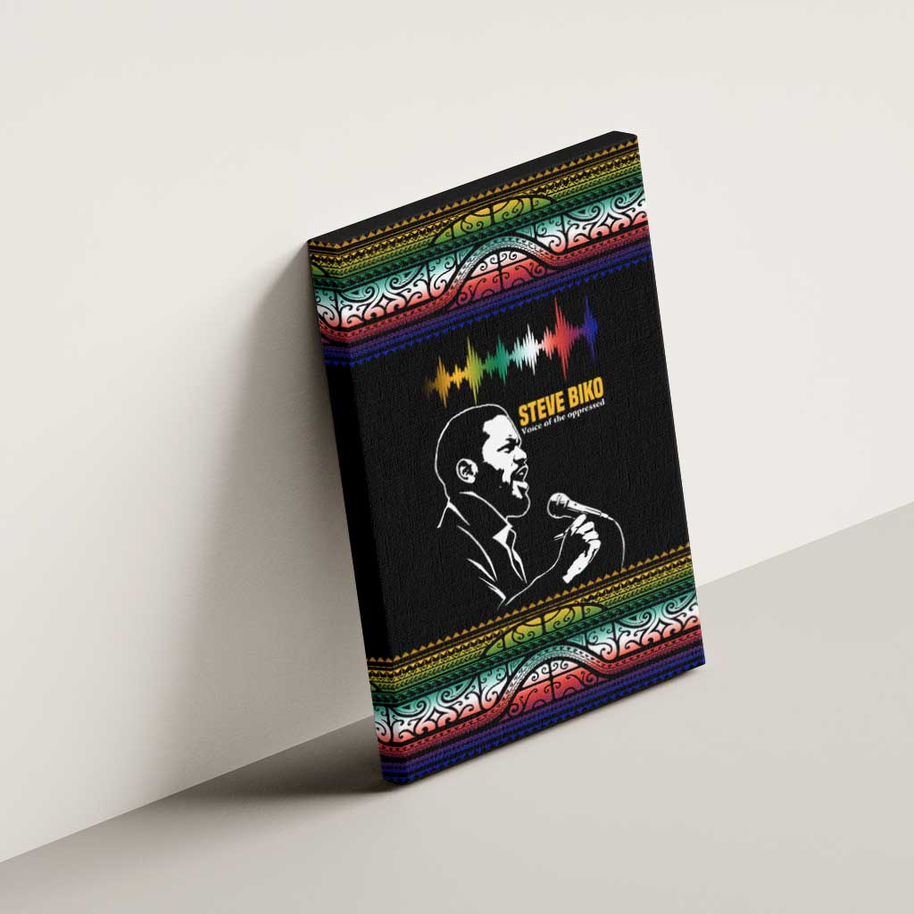 Steve Biko Canvas Wall Art with Microphone Portrait, Black Consciousness Quote and Vibrant Ethnic Wave - African Pride