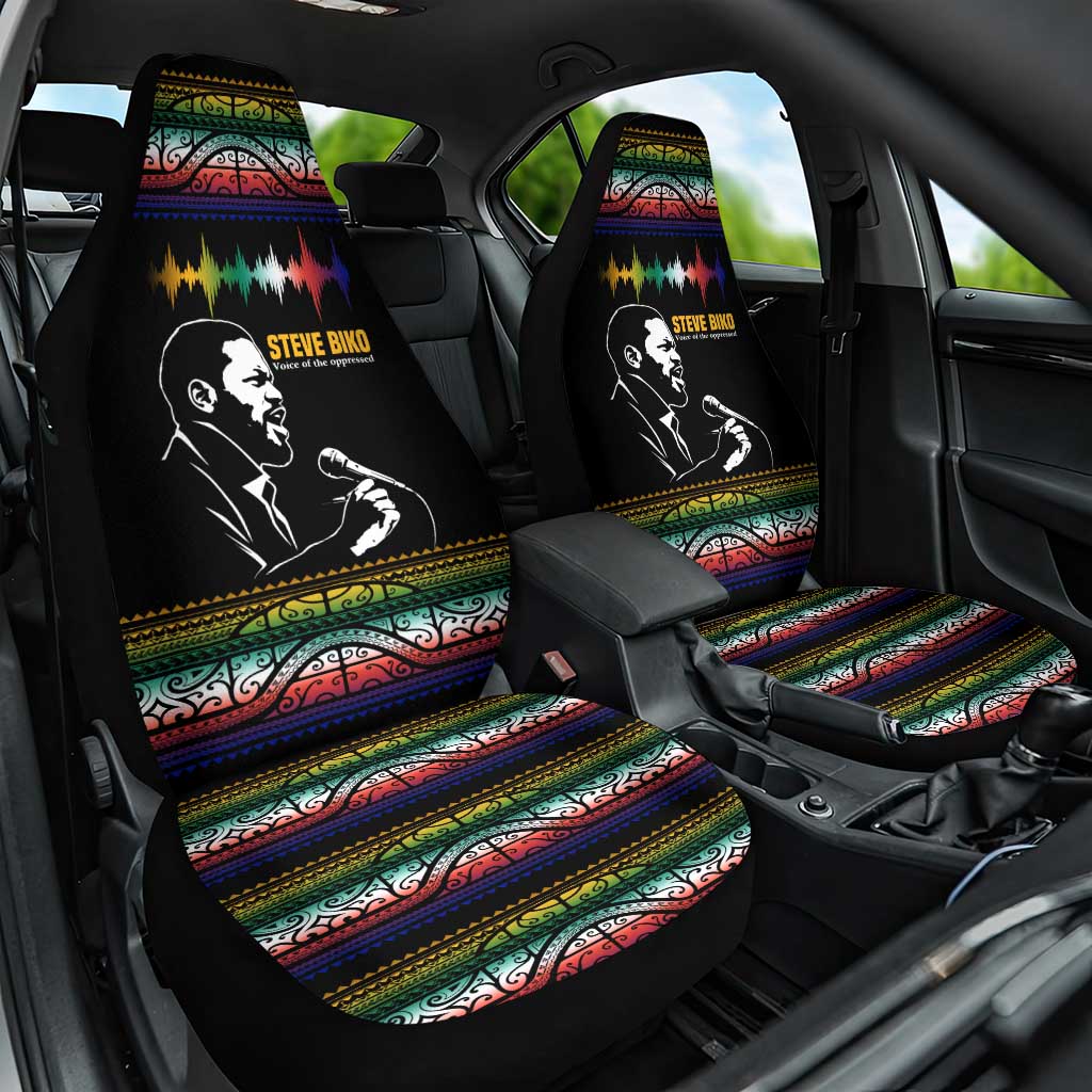 Steve Biko Car Seat Cover with Microphone Portrait, Black Consciousness Quote and Vibrant Ethnic Wave - African Pride