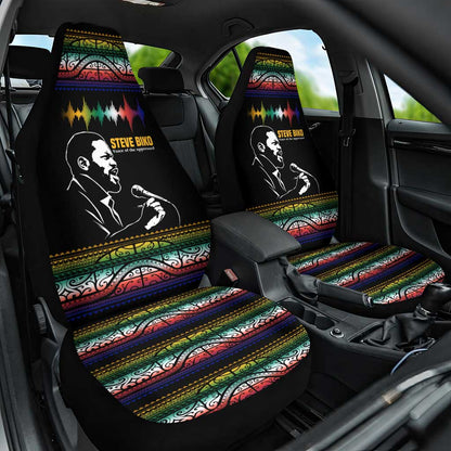 Steve Biko Car Seat Cover with Microphone Portrait, Black Consciousness Quote and Vibrant Ethnic Wave - African Pride