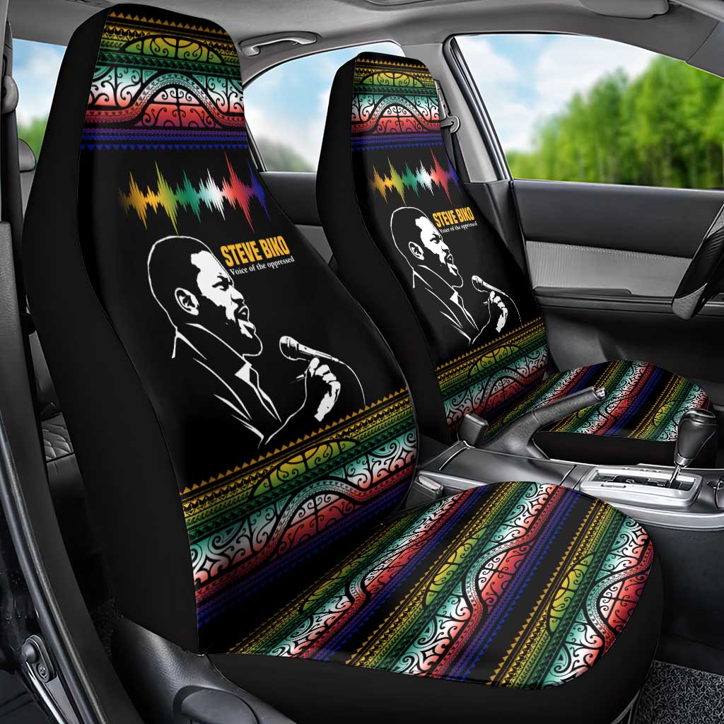 Steve Biko Car Seat Cover with Microphone Portrait, Black Consciousness Quote and Vibrant Ethnic Wave - African Pride
