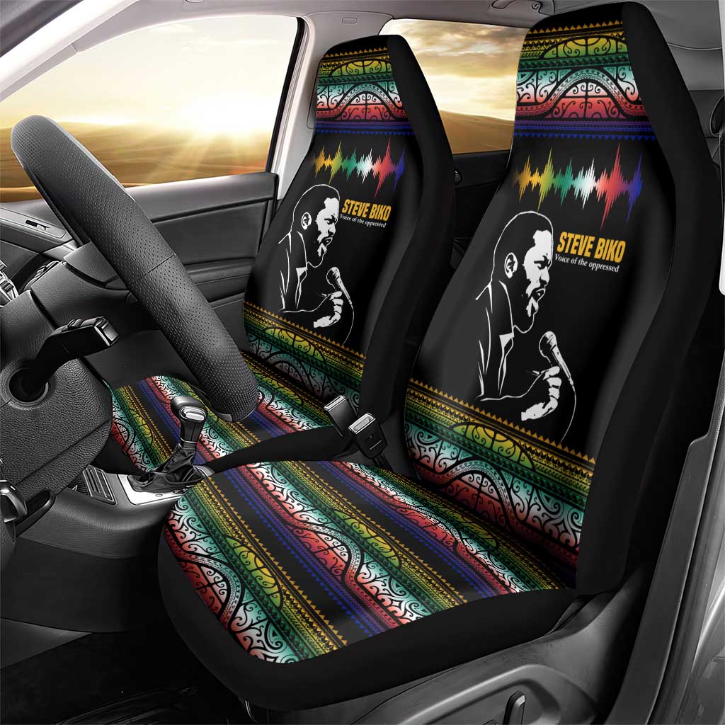 Steve Biko Car Seat Cover with Microphone Portrait, Black Consciousness Quote and Vibrant Ethnic Wave - African Pride