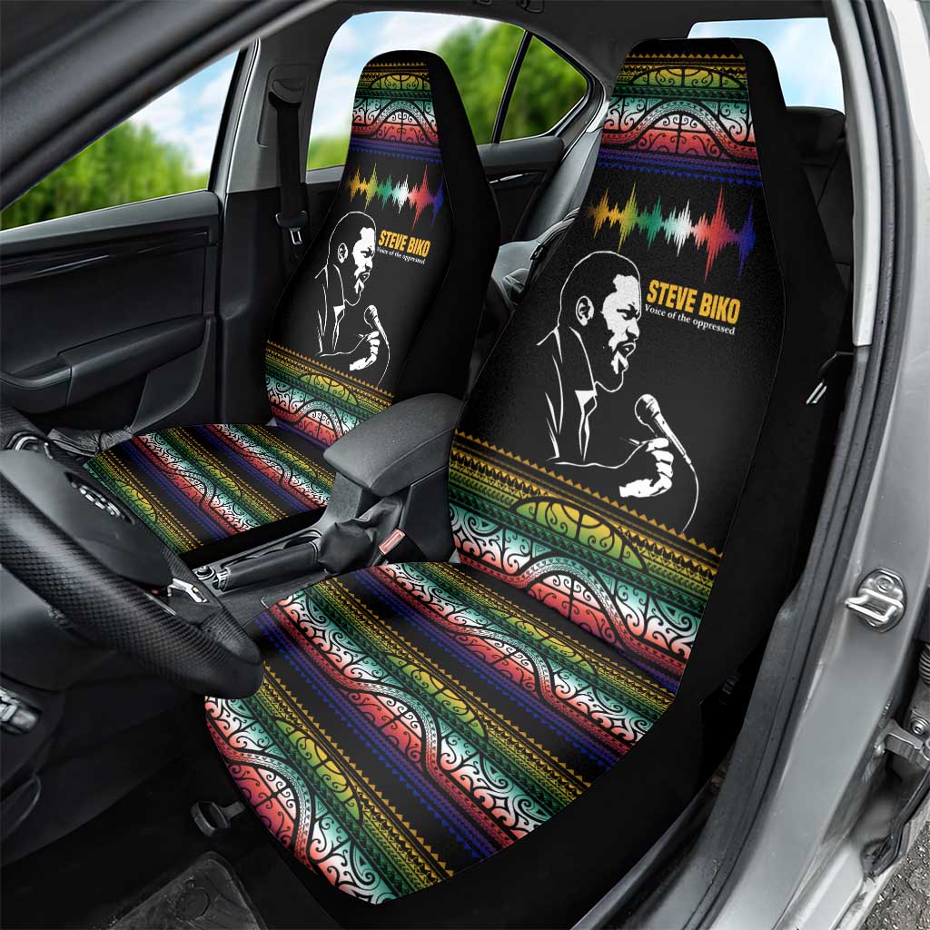 Steve Biko Car Seat Cover with Microphone Portrait, Black Consciousness Quote and Vibrant Ethnic Wave - African Pride