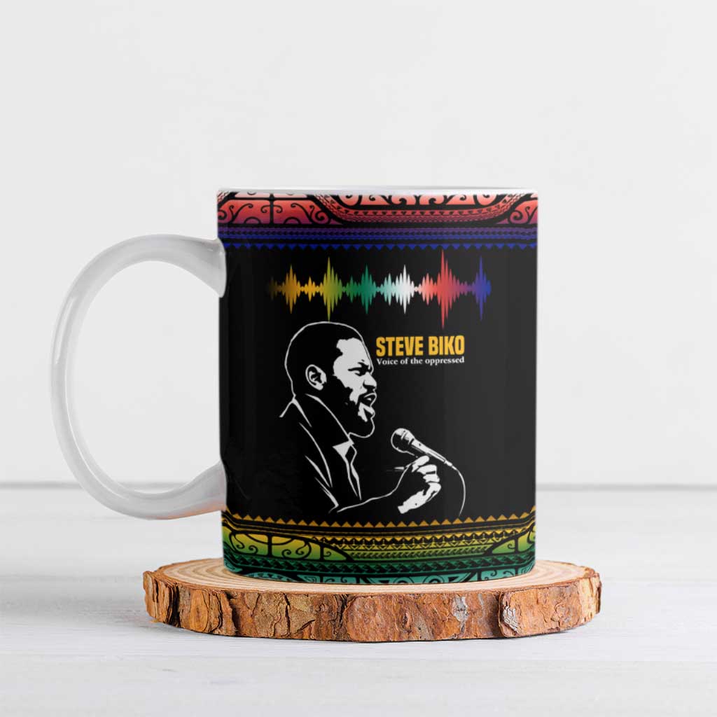 Steve Biko Ceramic Mug with Microphone Portrait, Black Consciousness Quote and Vibrant Ethnic Wave - African Pride