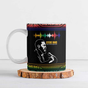 Steve Biko Ceramic Mug with Microphone Portrait, Black Consciousness Quote and Vibrant Ethnic Wave - African Pride