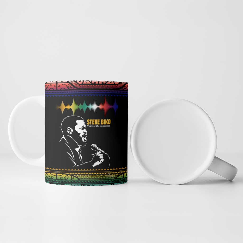 Steve Biko Ceramic Mug with Microphone Portrait, Black Consciousness Quote and Vibrant Ethnic Wave - African Pride