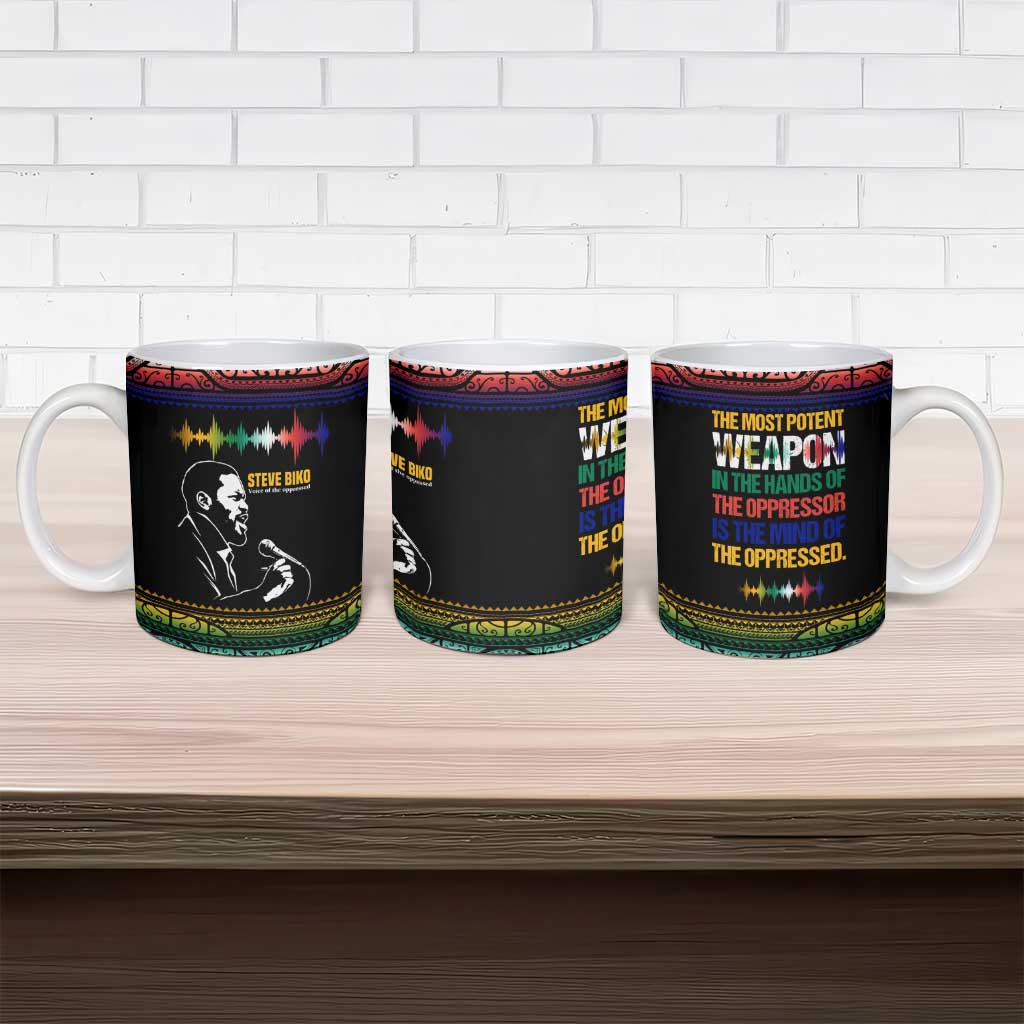 Steve Biko Ceramic Mug with Microphone Portrait, Black Consciousness Quote and Vibrant Ethnic Wave - African Pride