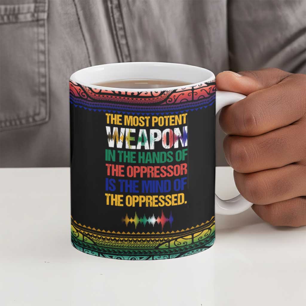 Steve Biko Ceramic Mug with Microphone Portrait, Black Consciousness Quote and Vibrant Ethnic Wave - African Pride
