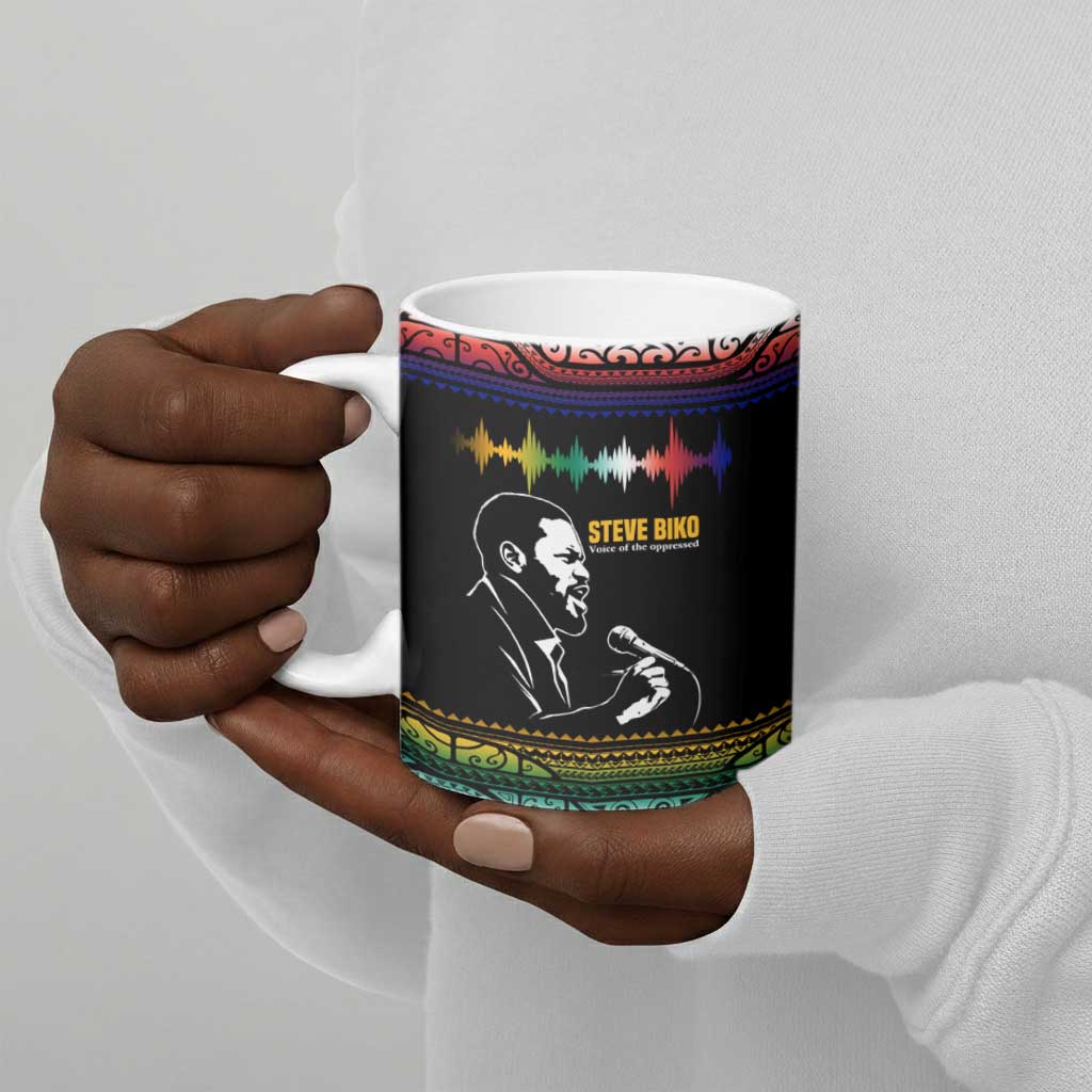 Steve Biko Ceramic Mug with Microphone Portrait, Black Consciousness Quote and Vibrant Ethnic Wave - African Pride