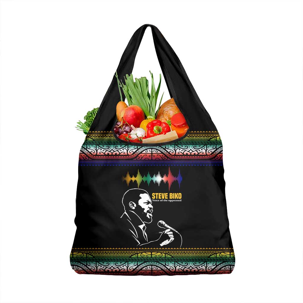 Steve Biko Grocery Bag with Microphone Portrait, Black Consciousness Quote and Vibrant Ethnic Wave - African Pride