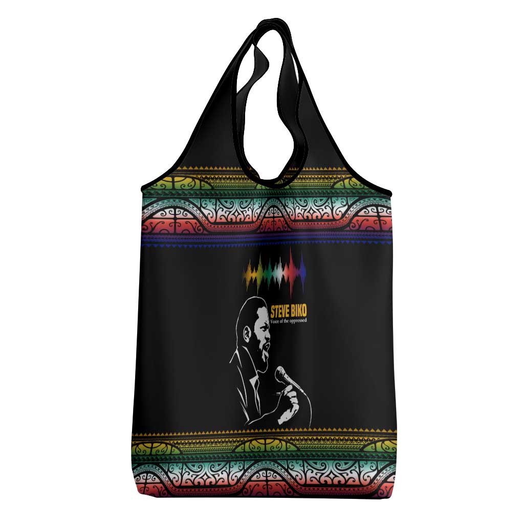 Steve Biko Grocery Bag with Microphone Portrait, Black Consciousness Quote and Vibrant Ethnic Wave - African Pride