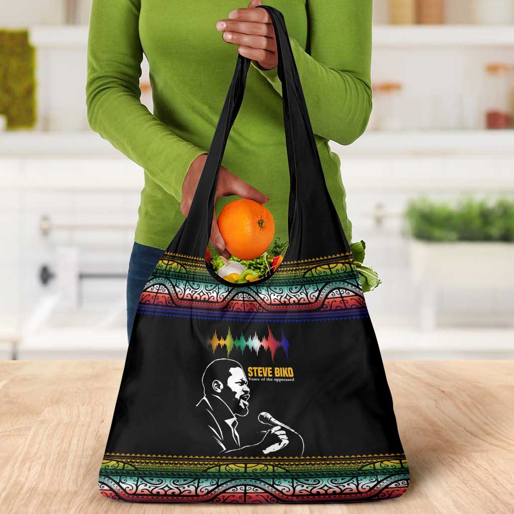 Steve Biko Grocery Bag with Microphone Portrait, Black Consciousness Quote and Vibrant Ethnic Wave - African Pride