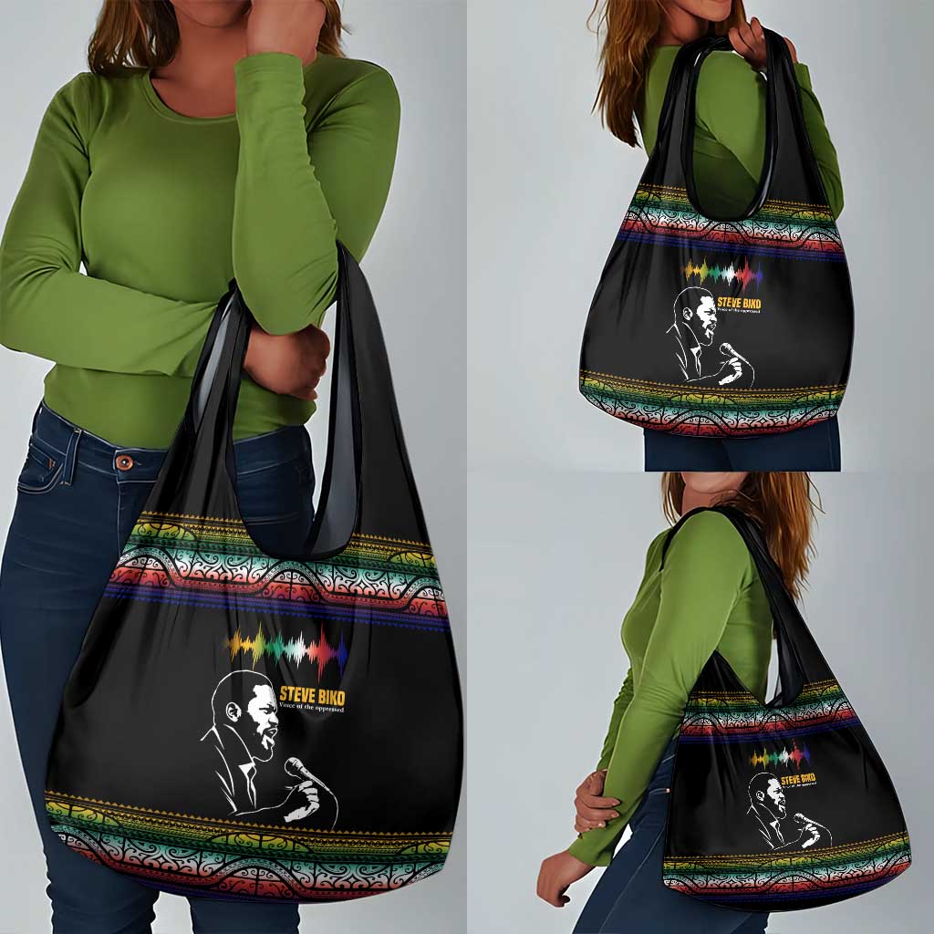 Steve Biko Grocery Bag with Microphone Portrait, Black Consciousness Quote and Vibrant Ethnic Wave - African Pride