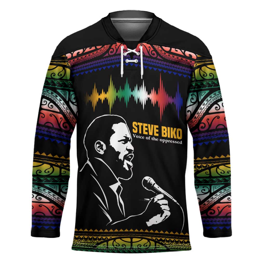 Steve Biko Hockey Jersey with Microphone Portrait, Black Consciousness Quote and Vibrant Ethnic Wave - African Pride