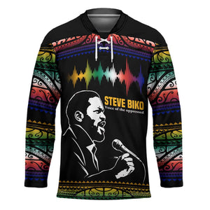 Steve Biko Hockey Jersey with Microphone Portrait, Black Consciousness Quote and Vibrant Ethnic Wave - African Pride