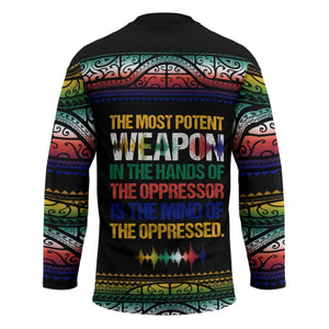 Steve Biko Hockey Jersey with Microphone Portrait, Black Consciousness Quote and Vibrant Ethnic Wave - African Pride