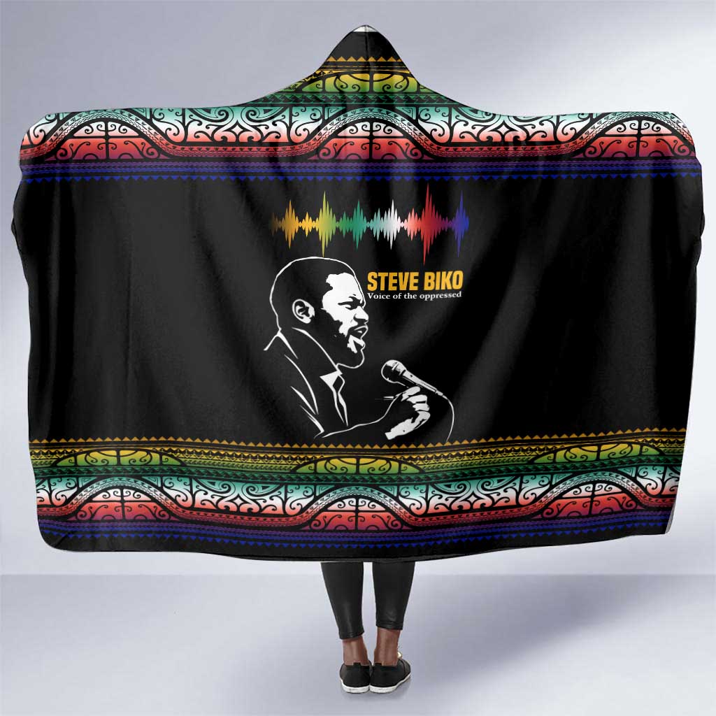 Steve Biko Hooded Blanket with Microphone Portrait, Black Consciousness Quote and Vibrant Ethnic Wave - African Pride