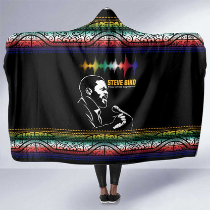 Steve Biko Hooded Blanket with Microphone Portrait, Black Consciousness Quote and Vibrant Ethnic Wave - African Pride