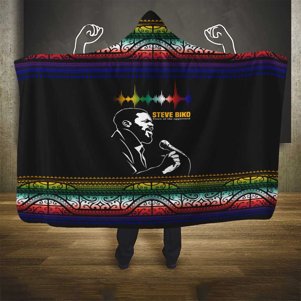 Steve Biko Hooded Blanket with Microphone Portrait, Black Consciousness Quote and Vibrant Ethnic Wave - African Pride