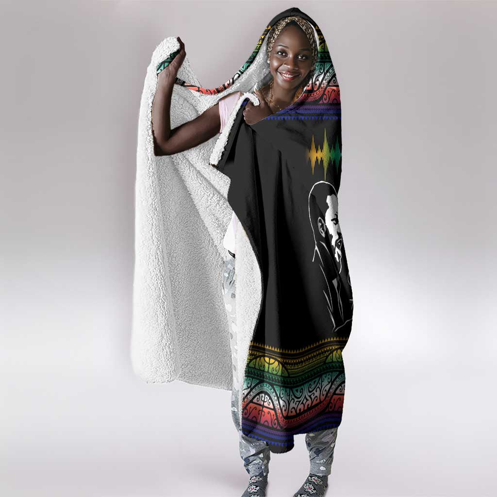 Steve Biko Hooded Blanket with Microphone Portrait, Black Consciousness Quote and Vibrant Ethnic Wave - African Pride