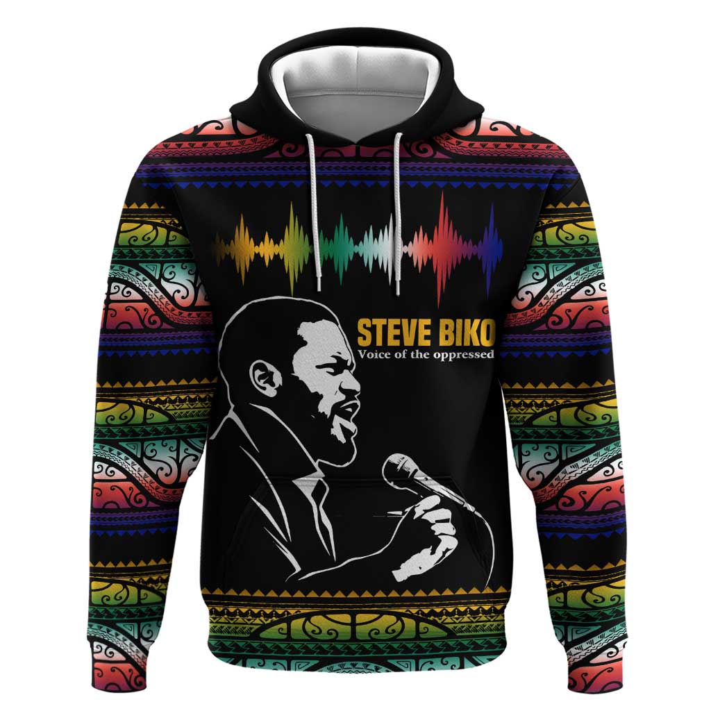 Steve Biko Hoodie with Microphone Portrait, Black Consciousness Quote and Vibrant Ethnic Wave - African Pride