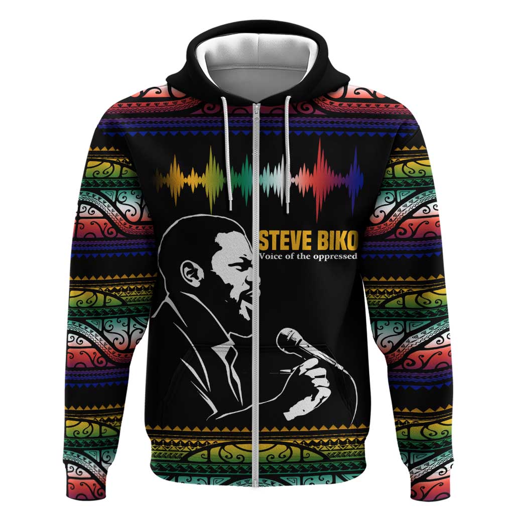 Steve Biko Hoodie with Microphone Portrait, Black Consciousness Quote and Vibrant Ethnic Wave - African Pride