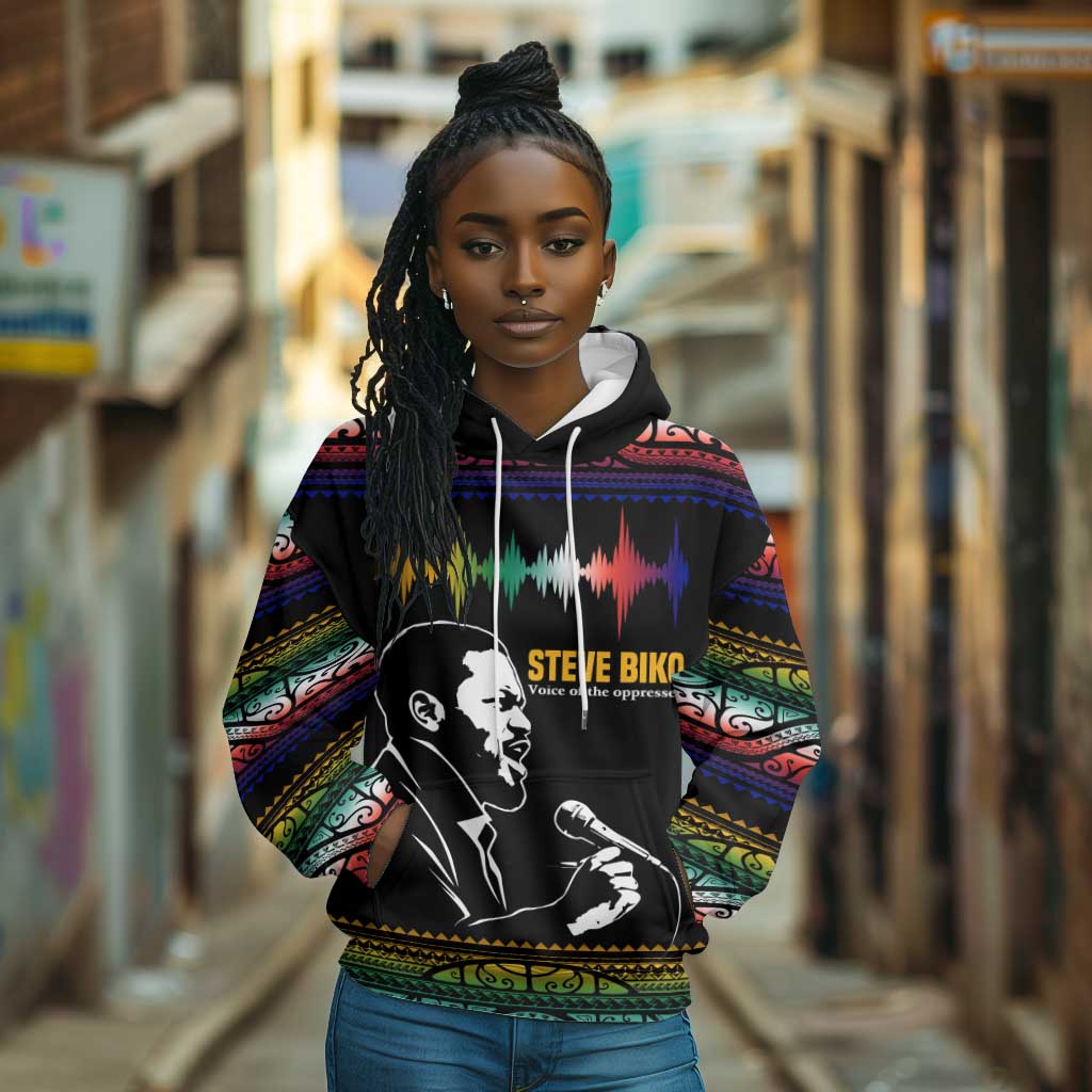 Steve Biko Hoodie with Microphone Portrait, Black Consciousness Quote and Vibrant Ethnic Wave - African Pride